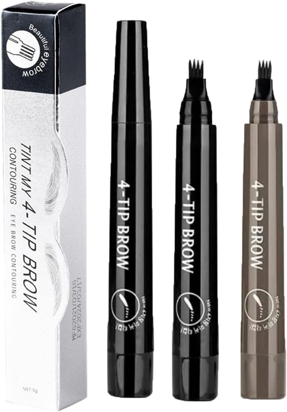 2 Pack Waterproof Four Tip Beard and Eyebrow Pen,Natural Hair Stroke Eyebrow,Lasting & Smudge-Freeeye Brow Contouring Pen (Black+Grey Brown)