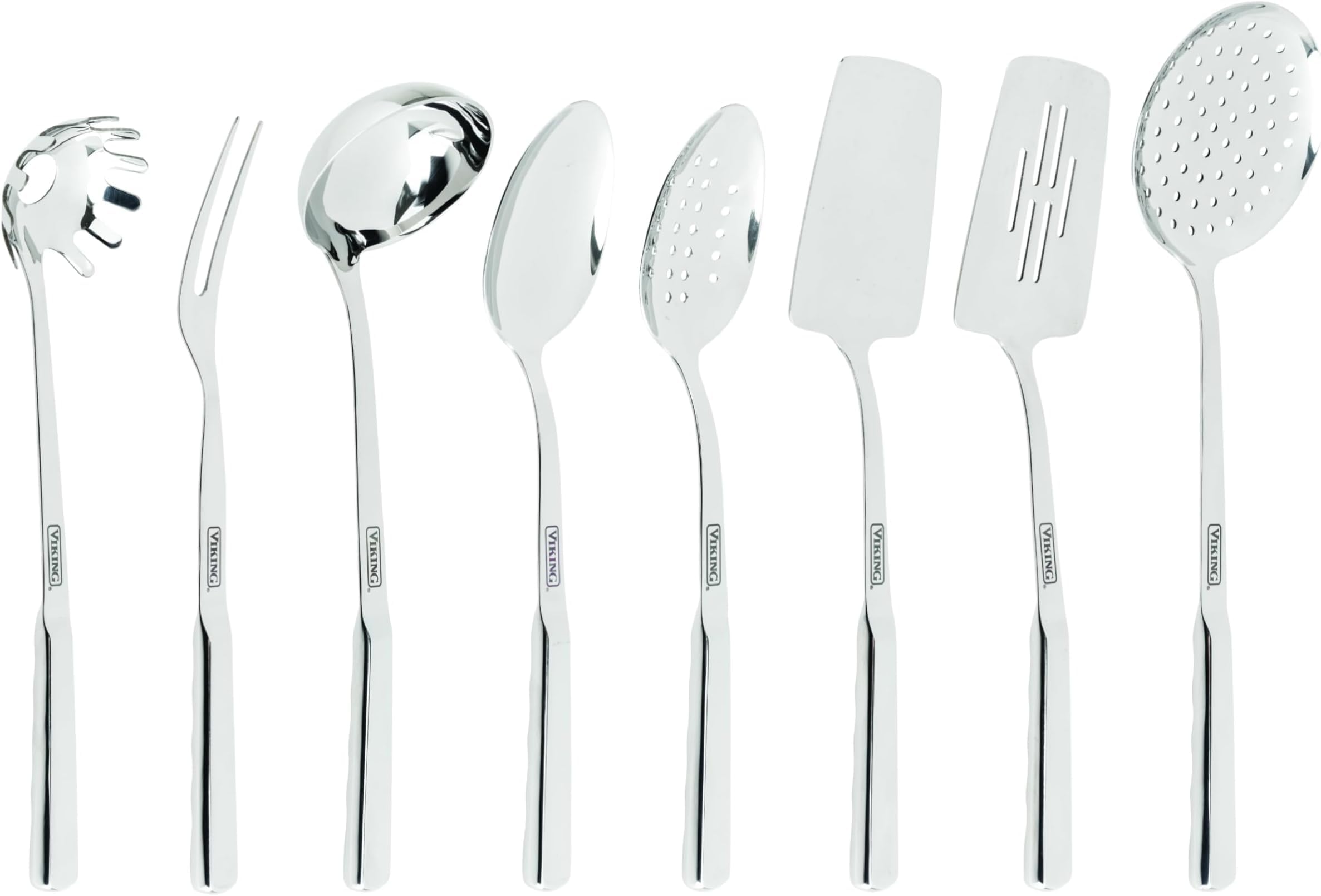Viking Kitchen Utensils Set, 8 Piece Stainless Steel Cooking Utensil Set, Includes Spatulas, Spoons, Pasta Fork, Deep Ladle, Meat Fork, and Skimmer, Silver Multiple - Model 2021 (Pack of 6)
