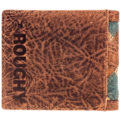 Image of HOOEY Ouray Men's Bifold Wallet - Brown & Turquoise Ostrich Print Roughy Wallet, Genuine Leather Western Wallet with ID Window & Card Slots