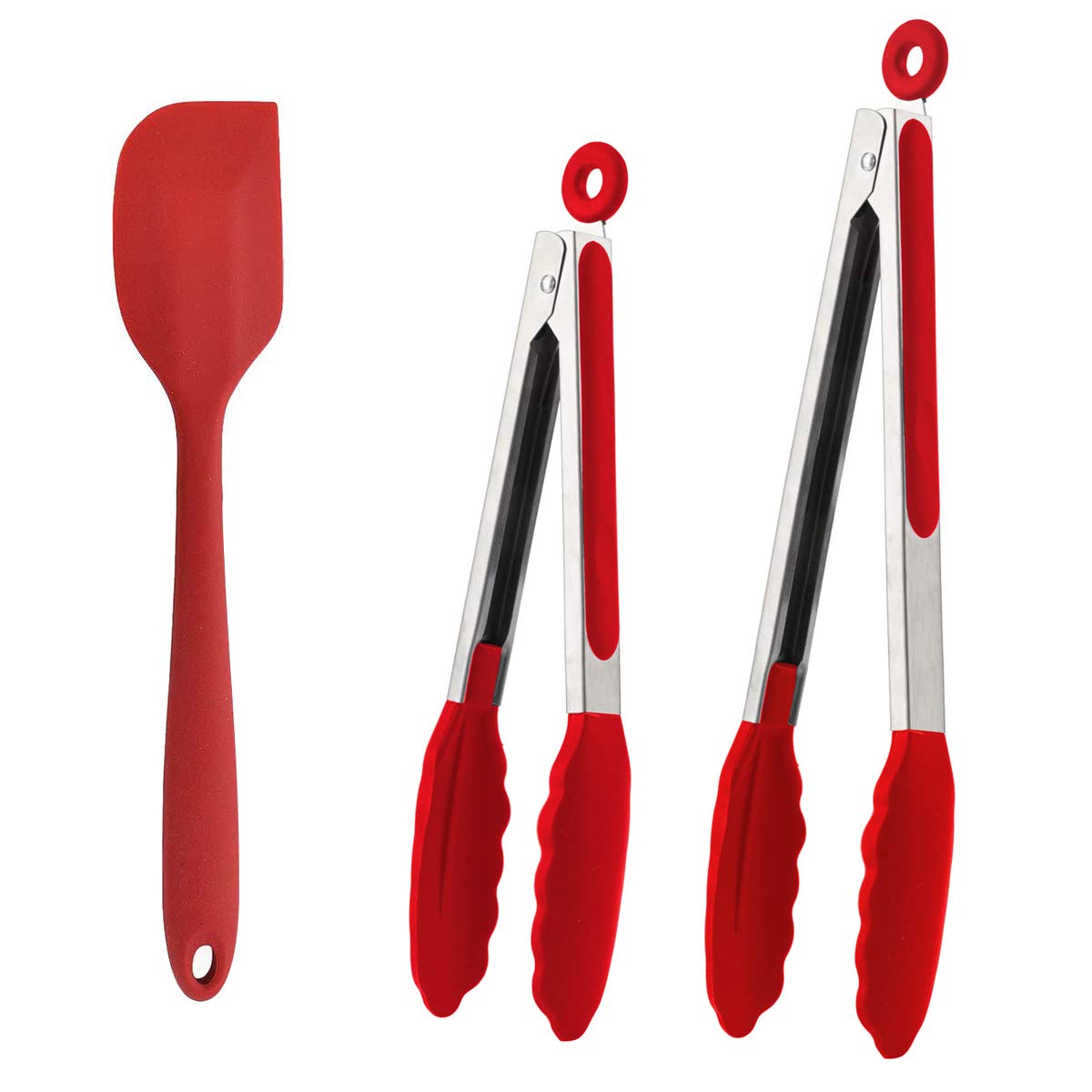 BGLINKAL 12 Inch & 9 Inch Kitchen Tongs for Cooking, Non Stick BPA Free Silicone Tip Stainless Steel BBQ Cooking Grilling Locking Food Tongs Plus Bonus Silicone Spatula (Red)