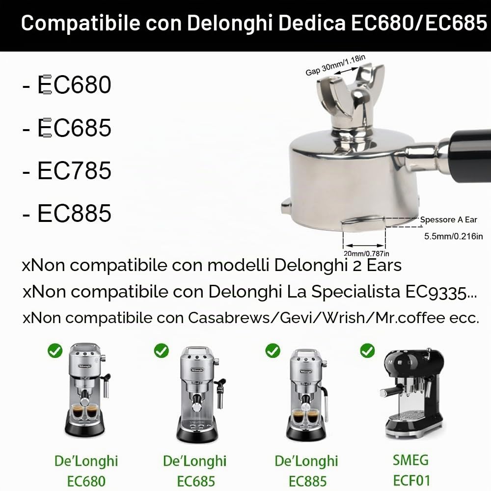 Porta filtro 51 mm a 3 bracci con doppio beccuccio per Delonghi Dedica EC680/EC685/EC785/EC820/EC850/EC860, cestello filtrante con maniglia in ABS e porta filtro in acciaio inossidabile, nero