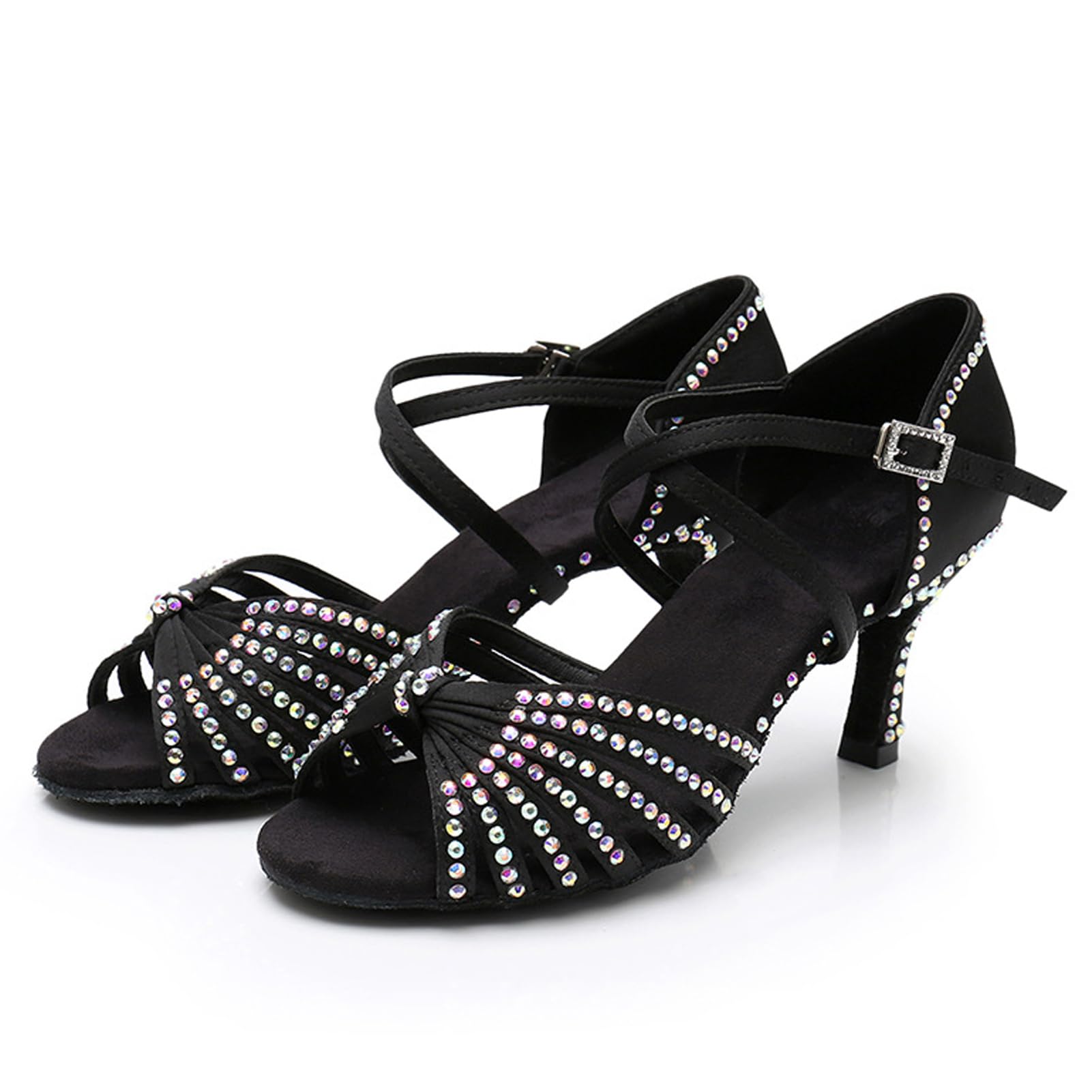 Nowe buty do tańca latynoskiego z diamentową wkładką dla kobiet dorosłych na środkowym obcasie miękka podeszwa buty do tańca wysokie obcasy z diamentowymi butami do tańca Cha-cha, A437 Czarny obcas 7