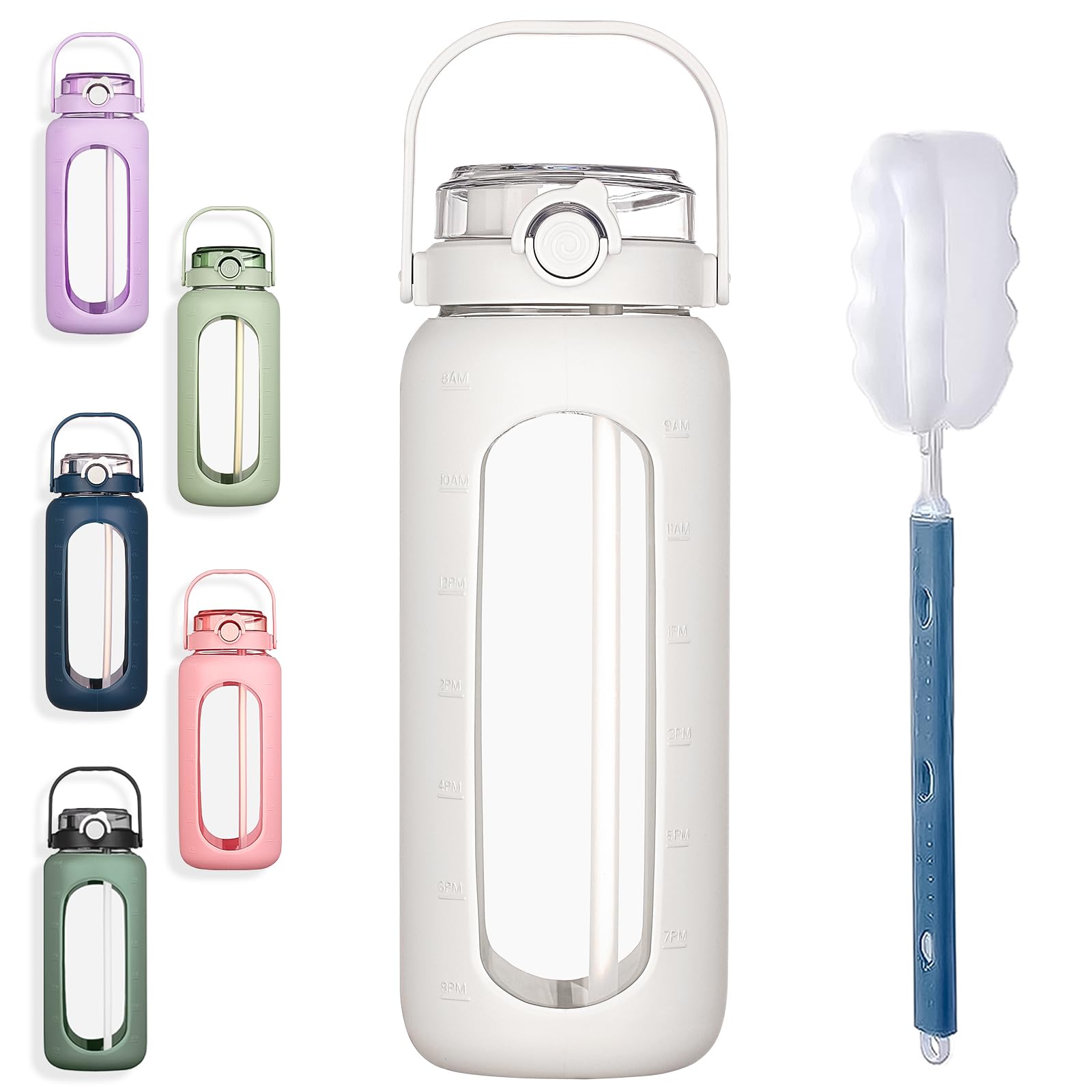 BLUEGO 56oz Glass Water Bottles with Straw Time Marker Half Gallon Large Motivational Water Bottle with Silicone Sleeve 2 Liter Large Glass Water Jug for Gym, Sports&Workout, Daily, White