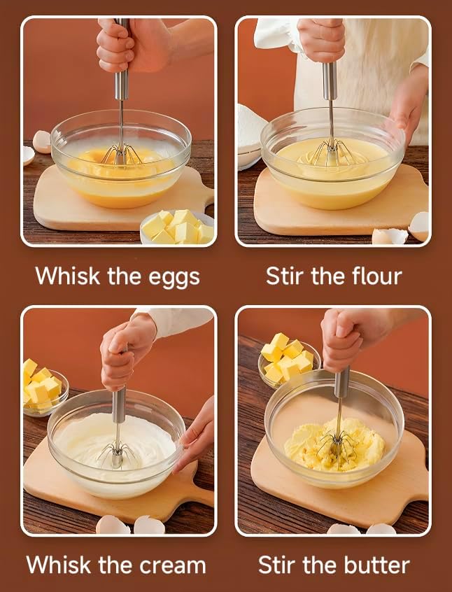 Semi-Automatic Stainless Steel Egg Whisk, Hand-Operated Rotary Whisks, Multi-functional Stainless Steel Kitchen Mixing Tool, Manual Egg Whisk, Suitable for Mixing, Whipping, and Stirring, 12" - Image 3