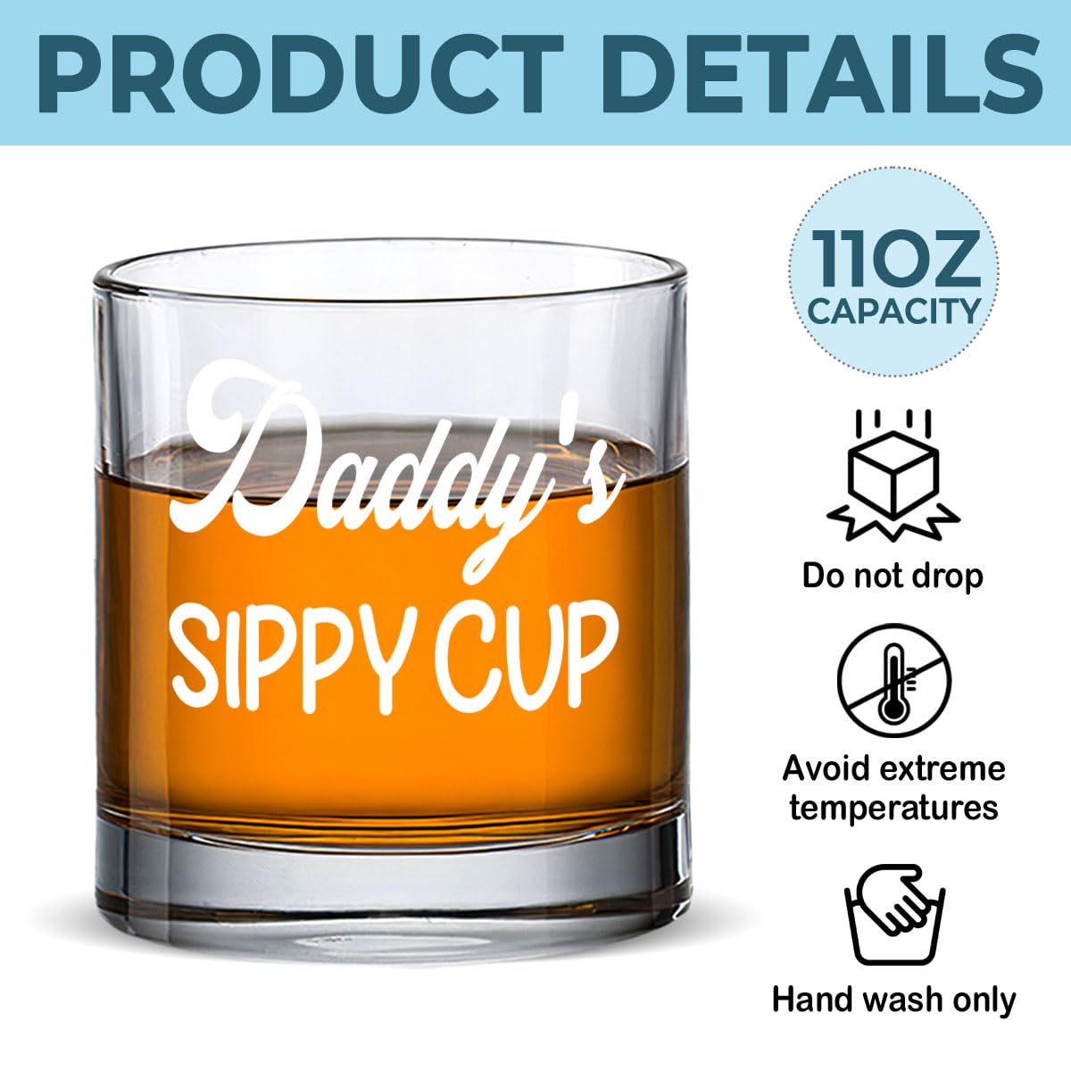 DOPTIKA Fathers Day Birthday Gifts For Dad, Husband Gift From Wife, 11 Oz Old Fashioned Glass For Men, Funny Gag Gifts For Men, Daddy's Sippy Cup Whiskey Glass, New Dad Gift