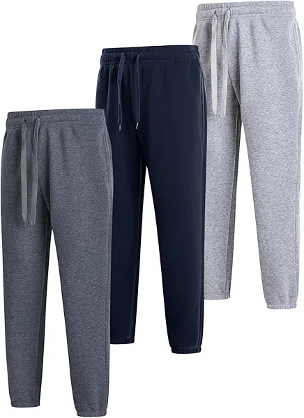 Facitisu Men Fleece Sweatpants 3 Pack Active Basic Jogger Drawstring Workout with Pocks Elastics Waist Pants