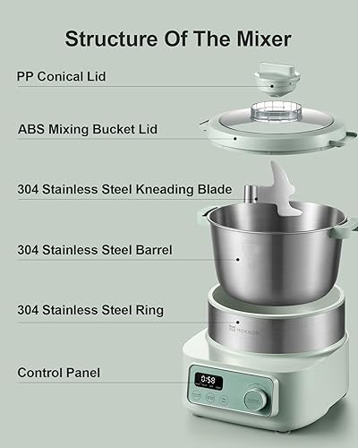 Miniatura 7 de MOKKOM - Amasadora Eléctrica con Función de Prueba de Masa, Temporización por Microcomputadora, Tazón de Acero Inoxidable 304 de 6.34 Qt, Amasadora