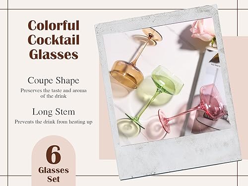 Miniatura 3 de Juego de vasos de cóctel Coupé de colores de 6 a 8 onzas sopladas a mano para cóctel, bar en casa, cóctel, cosmopolita, Manhattan