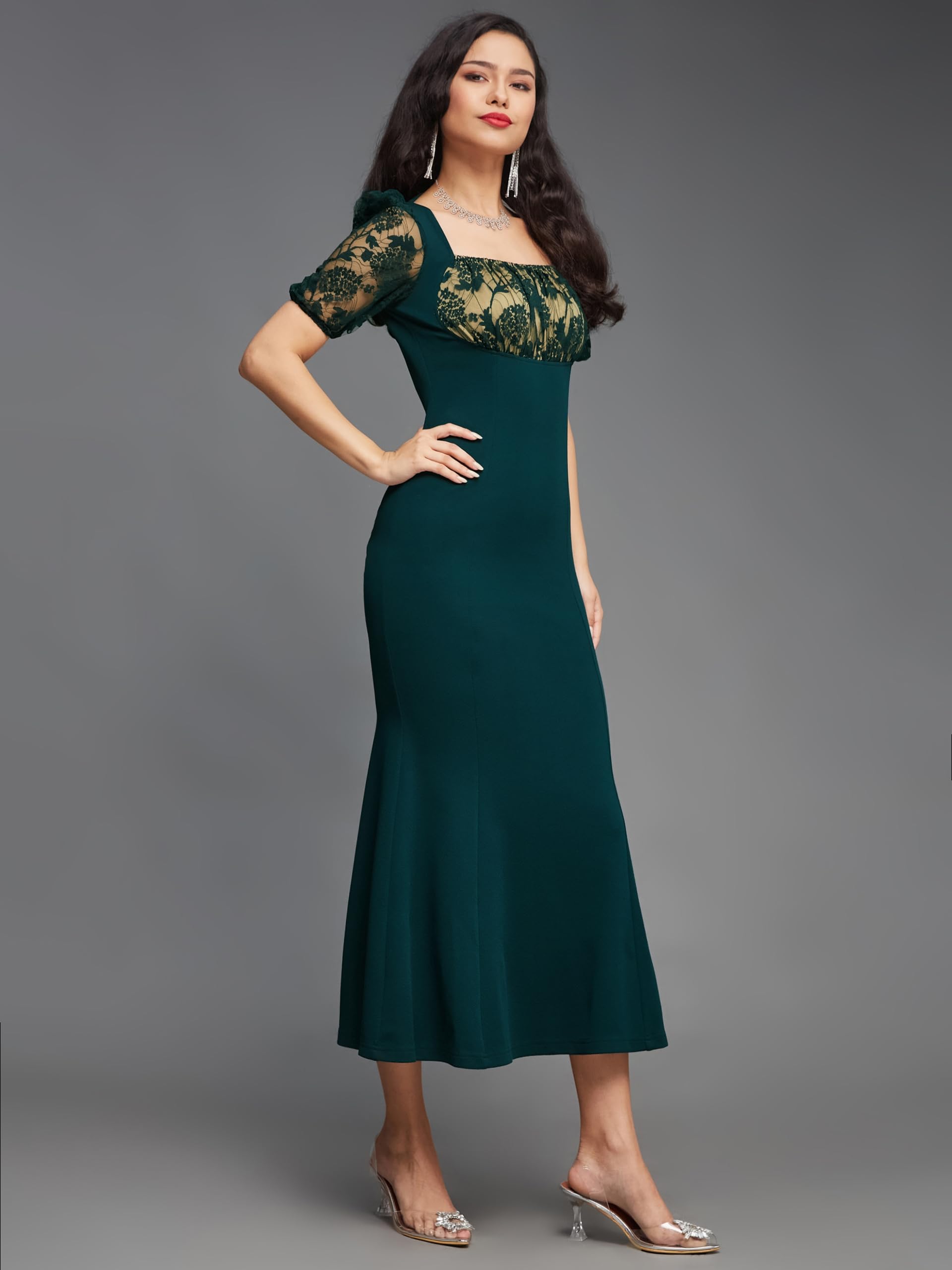 Miss Chase Women's Square Puff Sleeve Solid Lace Overlaid Ankle Length Dress (Plus (Mcss22D13-48-42-04, Dark Green, M)