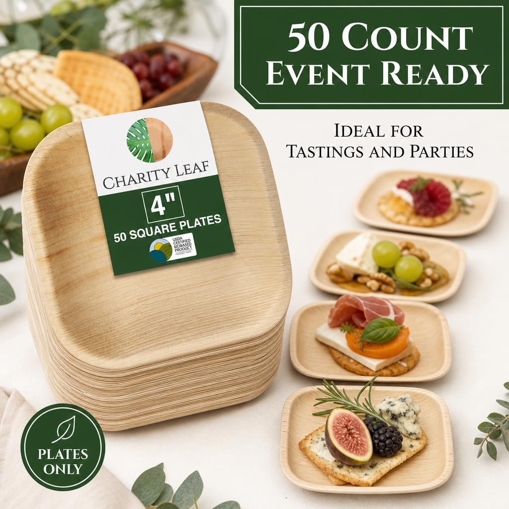 Charity Leaf - Platos desechables de hoja de palma como juego de platos cuadrados de bambú| bodas, tablas de embutidos, barbacoas y fiestas | Platos Cuadrados (50, 4 Cuadrados)