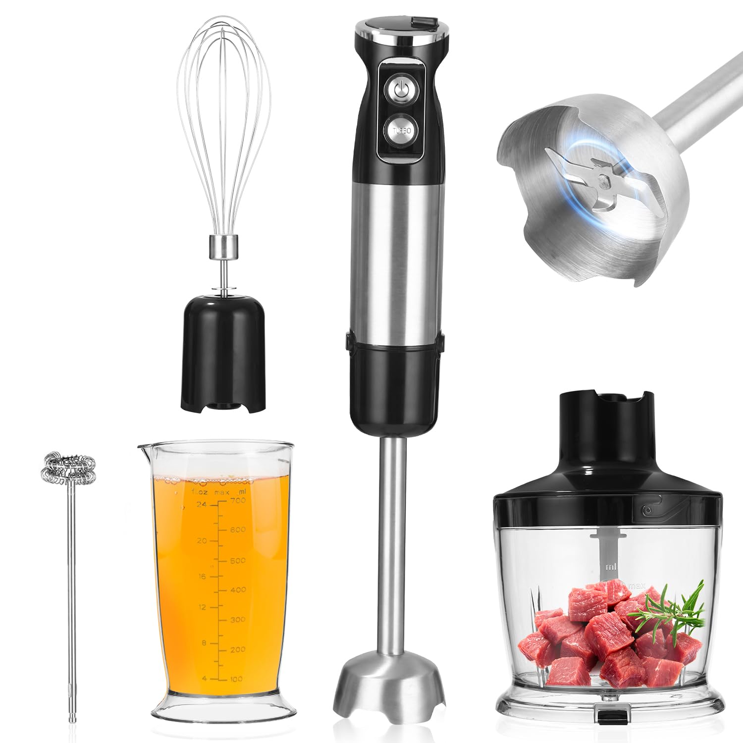 Zhufas Hand Blender 1000 W 5 in 1, 12 Adjustable Speed, Includes Blender, 500 ml Chopper and 700 ml Measuring Cup, Food Processor