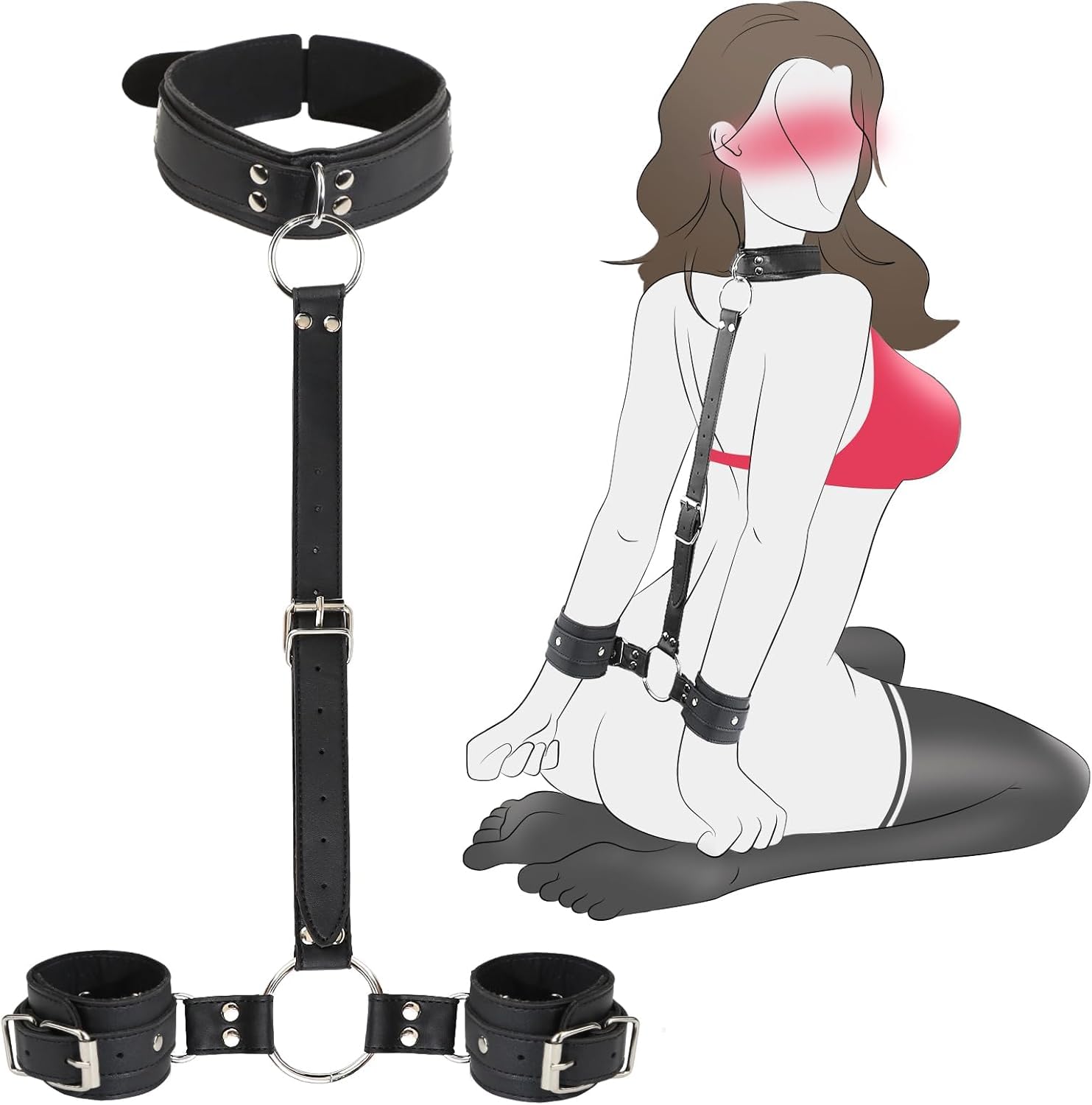 Ensemble de Bondage en Cuir Noir, Collier et Menottes Réglables, Kit de Contrainte pour Couples