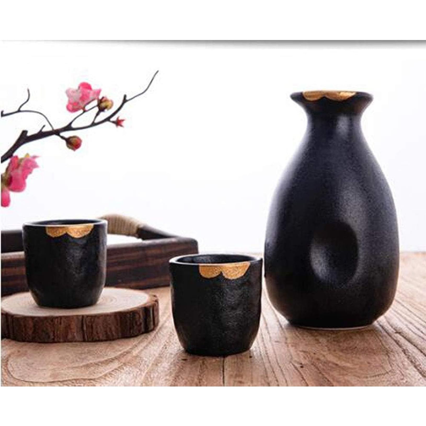 Set di 5 tazze da sakè giapponesi, dipinte a mano, in ceramica, per degustazione di vini casalinghi, colore nero
