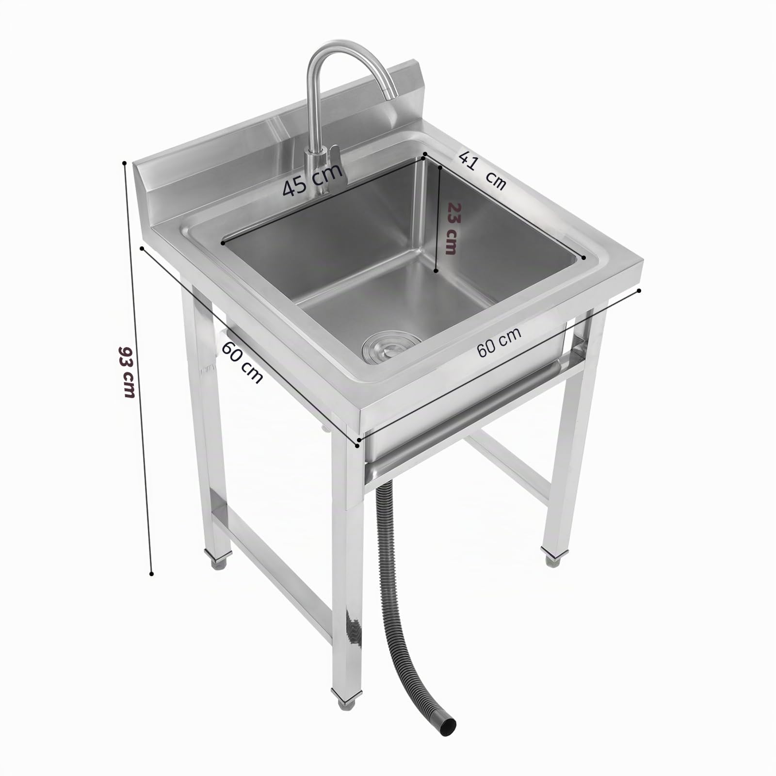 Évier de cuisine en acier inoxydable - 1 bac - Multifonction - Avec robinet chaud et froid - Lavabo autoportant pour garage, atelier, buanderie, camping - 93 x 60 x 60 cm
