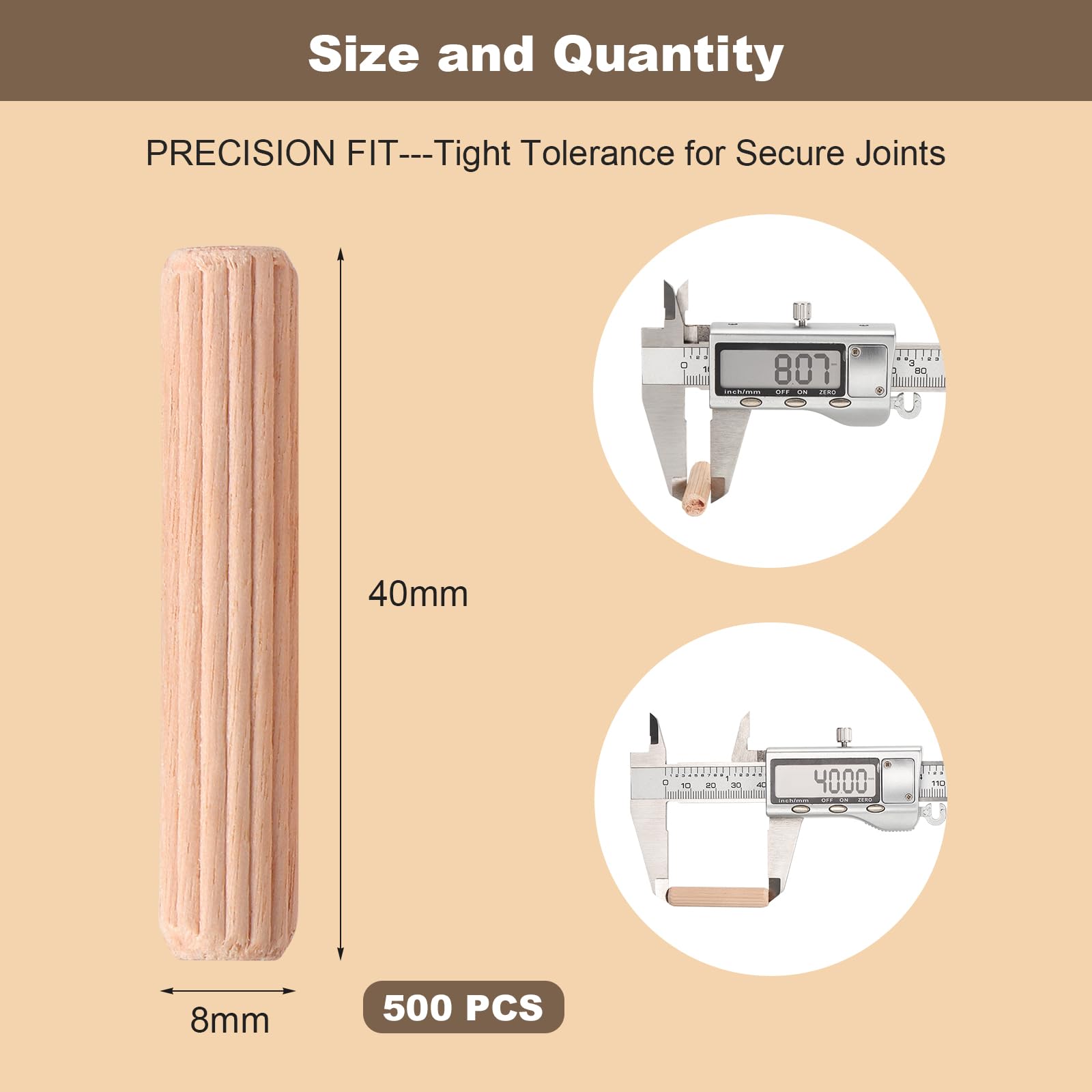 500 Pezzi Tasselli in Legno Scanalati , Spine e Perni in Legno Duro 8x40mm, Tasselli per Mobili, Assemblaggio, Riparazione e Falegnameria