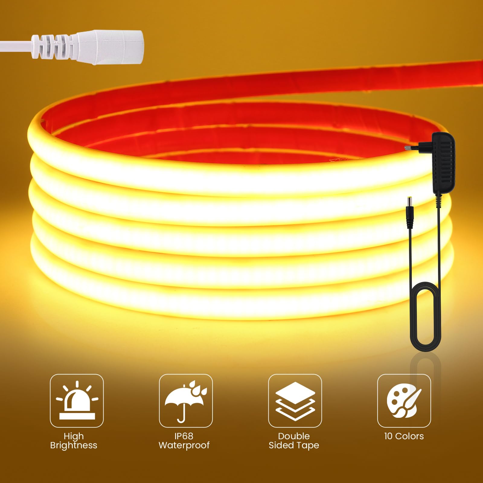 KISUFU 12V Ruban LED COB, IP68 Étanche 320LEDs/M DC Lumineuse Silicone Neon Bande LED Flexible Light Strip pour TV salon partie bricolage Extérieur décoration. (Adaptateur secteur inclus)