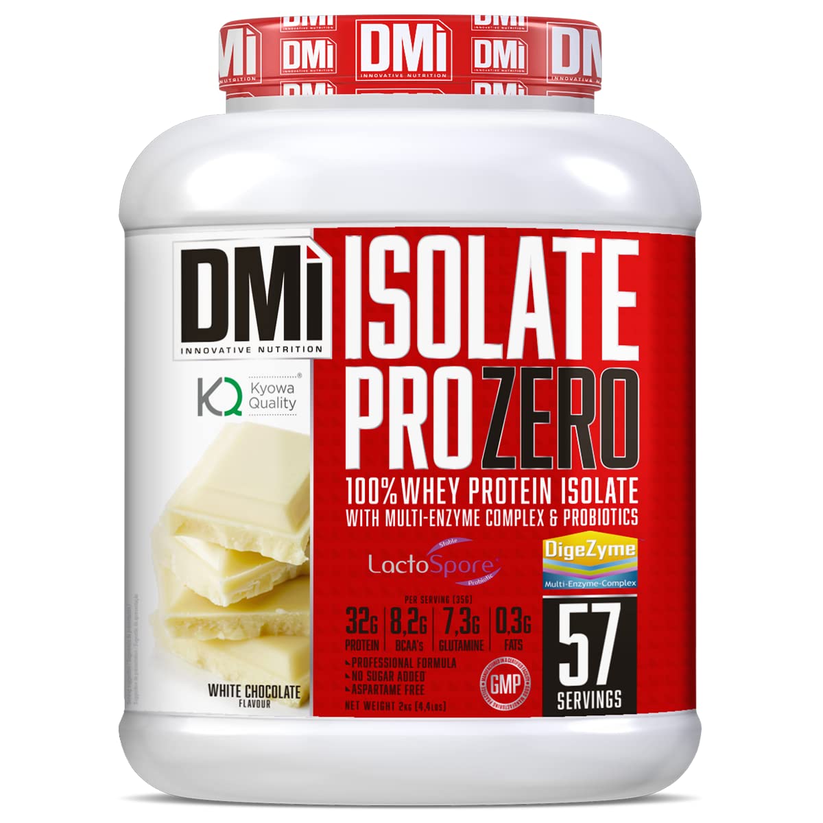 DMI Proteína ISOLATE PRO ZERO - Proteína para Recuperación y Desarrollo Muscular - 100% Aislado de proteína de suero con DigeZyme® y LactoSpore® - Sin Azúcares Añadidos (2 Kg, White Chocolate)