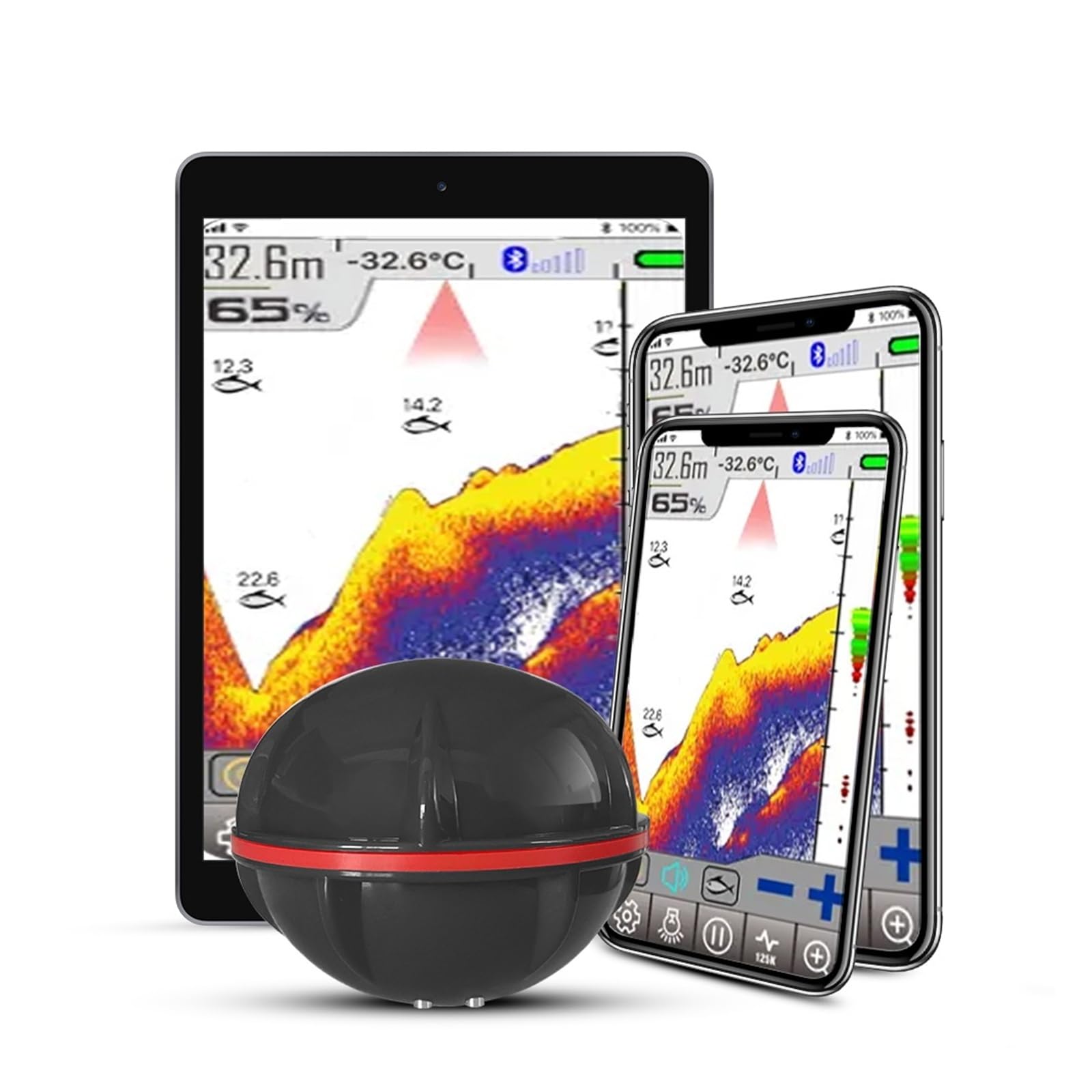 Detector de Peces, Buscador de Peces para teléfono Inteligente con Bluetooth, Sonar, Pesca Visual(Rot)
