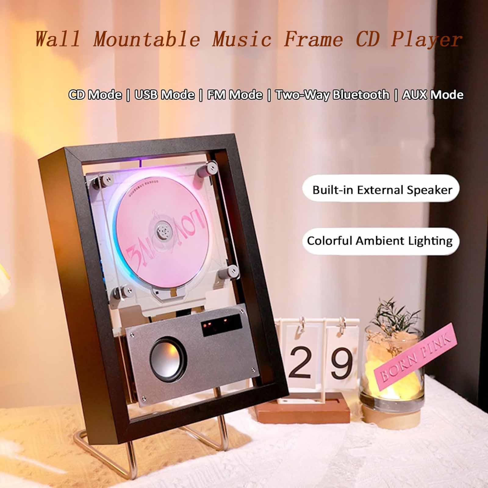 Lettore CD montabile a parete con telecomando e altoparlanti, cornice decorativa musicale con uscita 2 vie/USB/AUX e 6 effetti di illuminazione per corridoio di casa