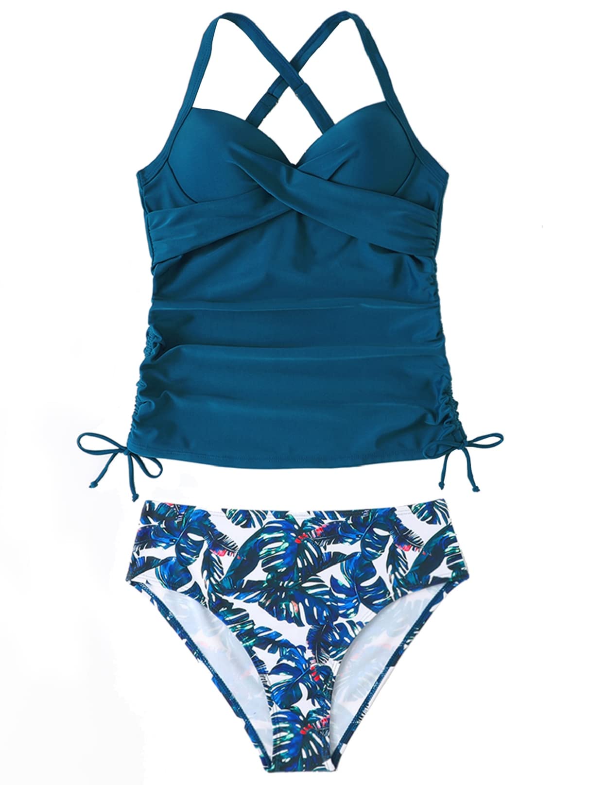 Yutdeng Tankinis Mujer Traje de Baño 2 Piezas Bañador Reductor Vientre Plano Bikini Push Up con Aros con Tanga Tankini Cuello V Correas Laterales Bañadores Deportivos Mujer Natacion