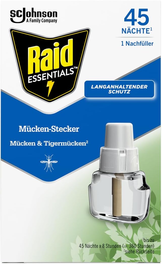 raid essentials mosquito plug 45 nights refill electric insect protection against mosquitoes and tiger mosquitoes pack of 1 1 x 32 ml tablet
