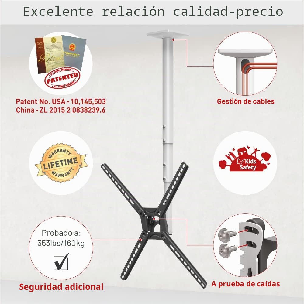 Barkan Soporte de Techo para TV Blanco de 97 cm de Largo, Movimiento Completo de 13 a 65 Pulgadas, Soporte de Pantalla Plana y Curvada, soporta hasta 40 kg, Ajuste de Altura telescópico, se Adapta a
