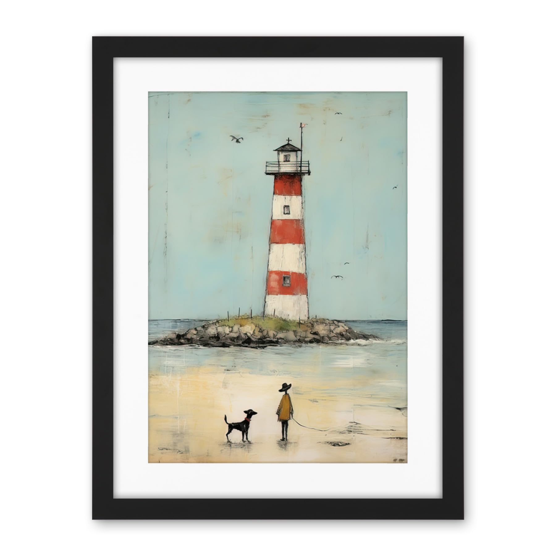 Artery8 Lighthouse Pastel Colour Painting Bathroom Artwork Red Blue Ochre Boy and Pet Dog Beach Walk Artwork Framed Wall Art Print 18X24 Inch