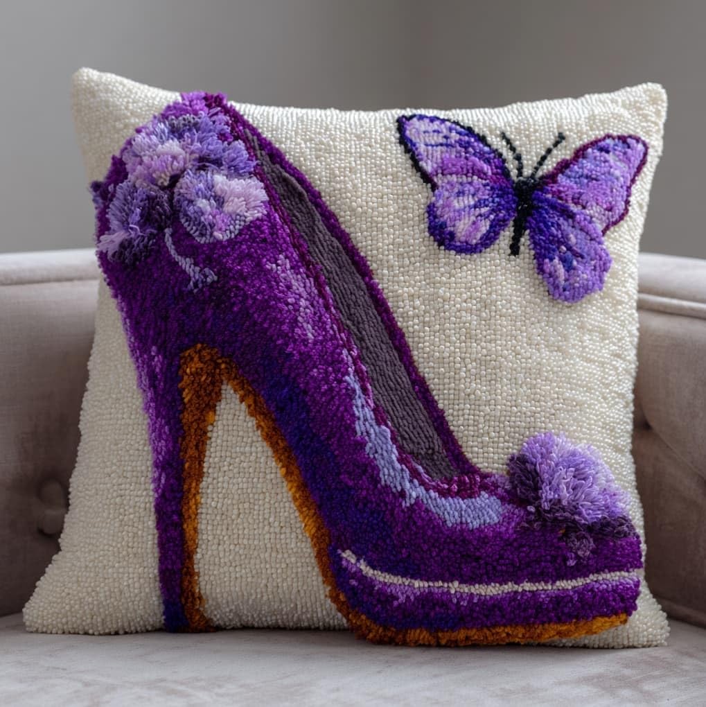 Wallustrioaw Latch Hook Kit For Beginners,Butterflies And High Heels,Cushion Cover Making Kit,Embroidery Pillowcase Latch Craft For Adults,17X17in
