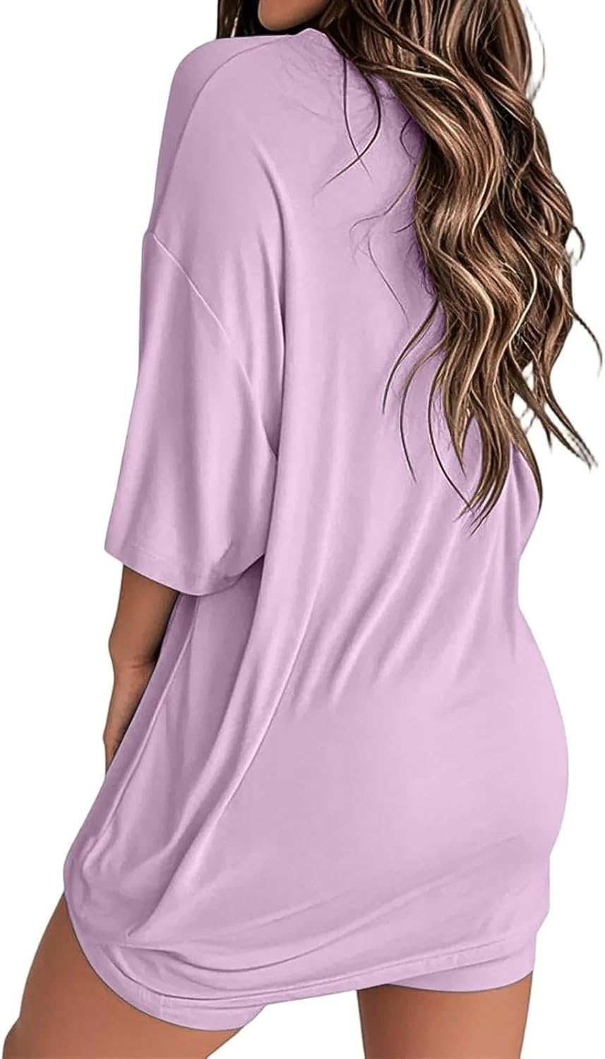 Women's Trendy Casual Two-Piece Set Half Sleeve Crew Neck Loose Top High Waist Stretchy Shorts For Daily Sports