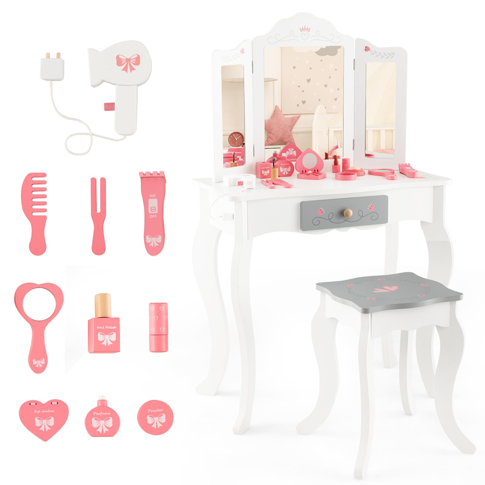 LIFEZEAL Tavolo Toeletta 2 In 1 Per Bambine Con Specchio E Sgabello Rimovibili, In Legno E Cassetto, Rosa/Bianco
