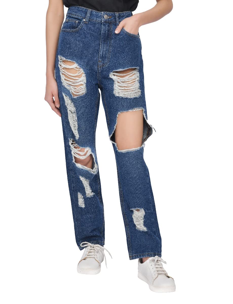 M17womens Ladies Denim Multi Rip Mom Jean High Waisted