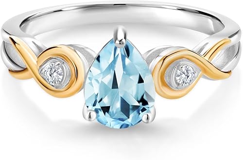 Miniatura 2 de Gem Stone King Keren Hanan - Anillo de plata de ley 925 y oro amarillo de 10 quilates con forma de pera azul cielo y diamante blanco cultivado en