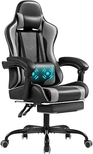 Silla de juegos Shahoo con reposapiés y soporte lumbar de masaje, asiento de carreras de video ajustable en altura con giro de 360 y reposacabezas