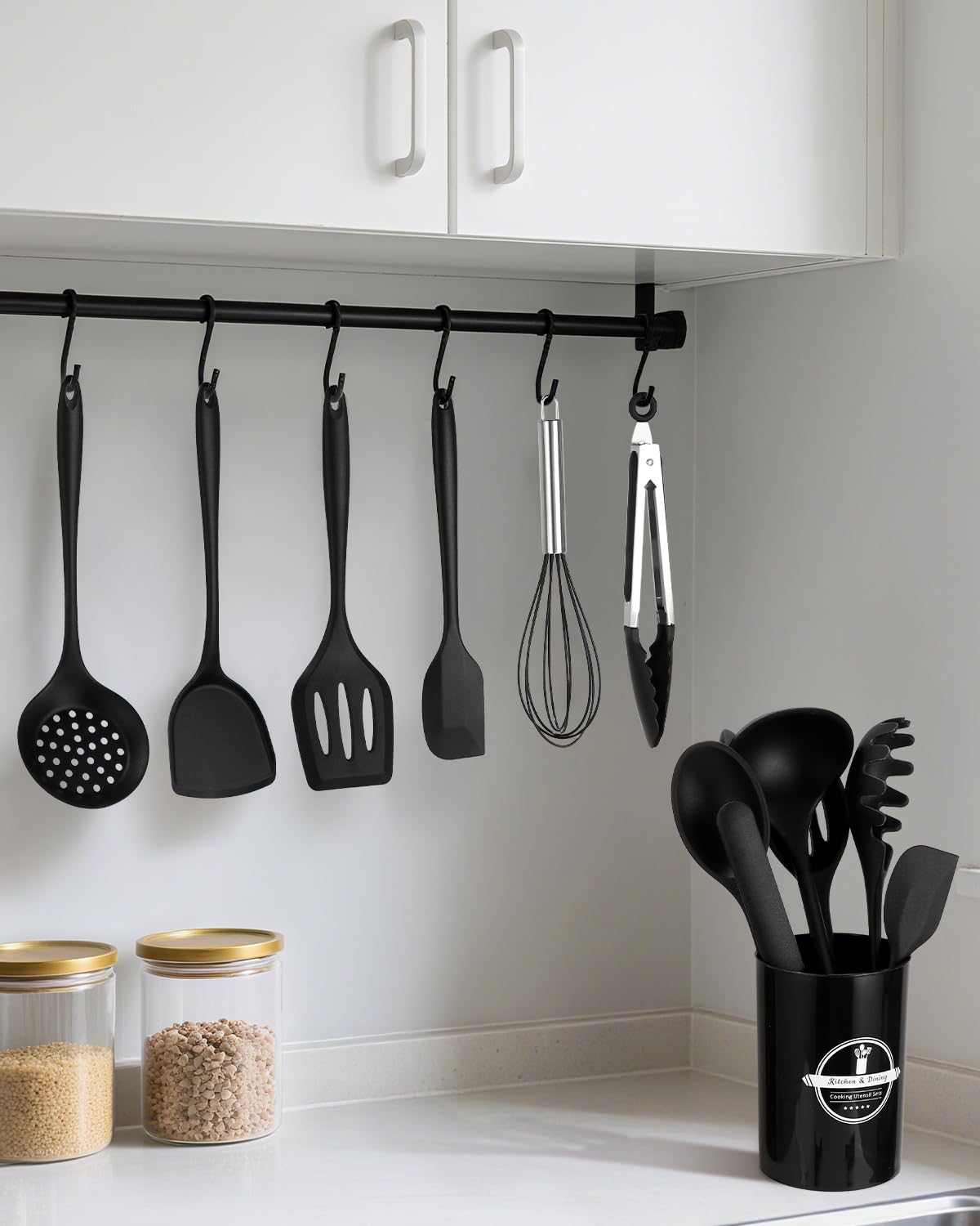 Set di utensili da cucina (nero), 15 pezzi di utensili da cucina e pentole, set di mestoli in silicone, set di utensili da cucina antiaderente e resistente al calore con supporto per utensili