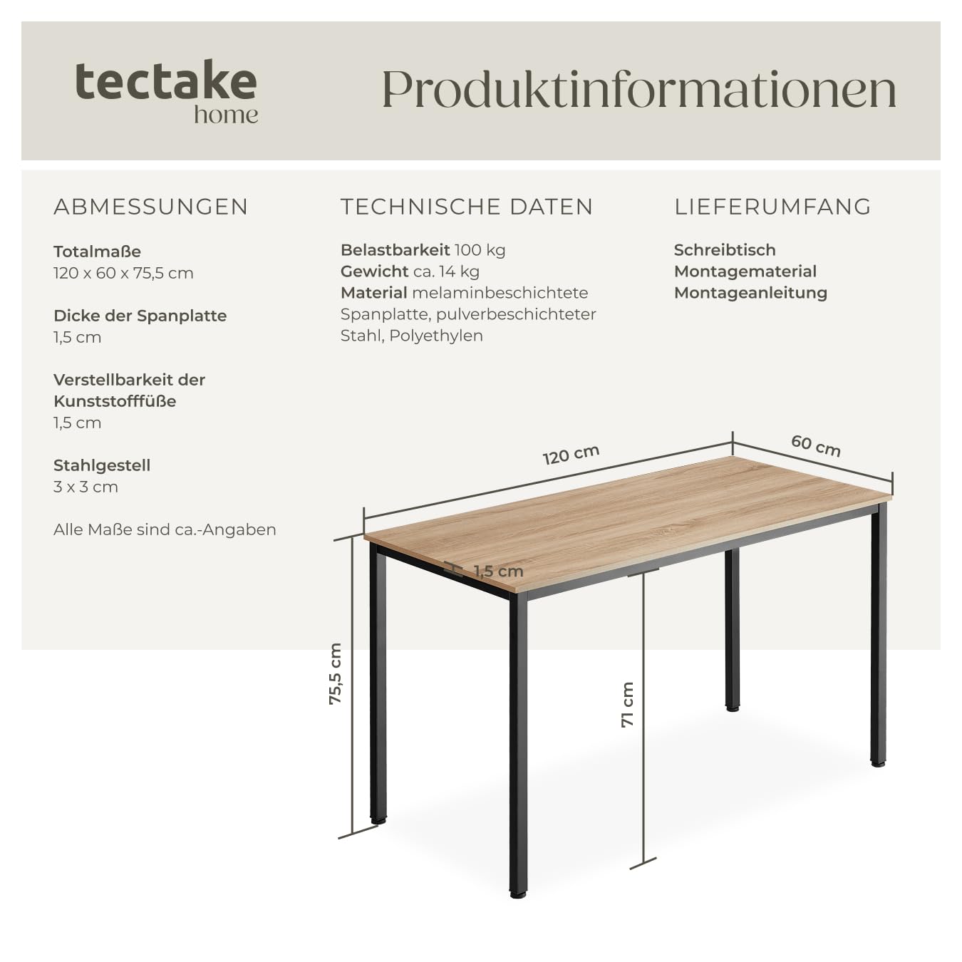 tectake® Industrial Schreibtisch, Tisch 120 x 60 x 75,5cm, Esstisch, Bürotisch, Computertisch, PC Tisch, Wohnzimmertisch, Gaming Desk, Möbel für Arbeitszimmer - Industrial Holz Hell, Eiche Sonoma