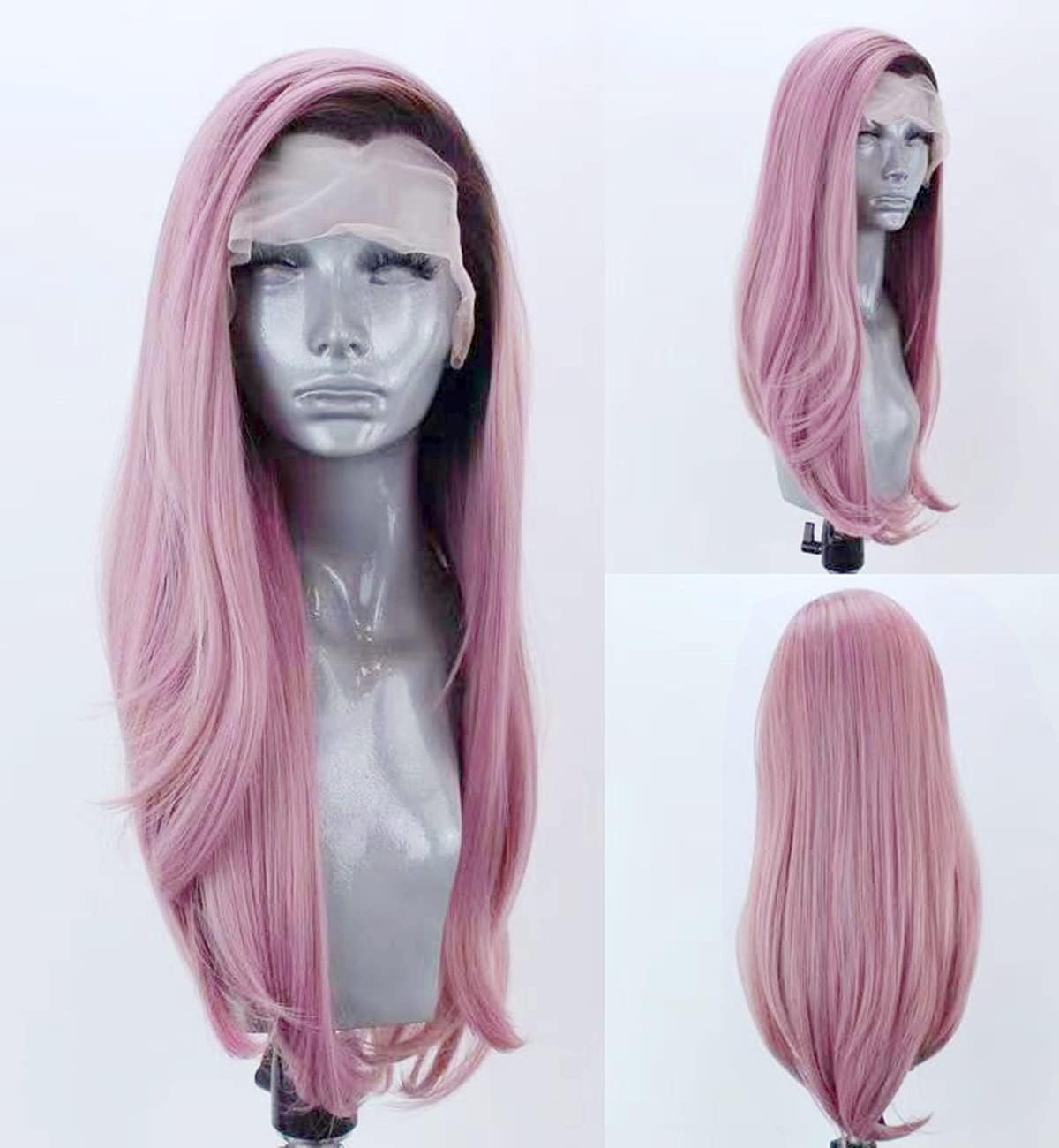 vedar Synthetic Hair Pink Lace Front Wigs Halloween Wigs Dark Roots Ombre Pink Hair Wig 24 inches Silky Straight Hair Synthetic Hair Wigs VEDAR-041