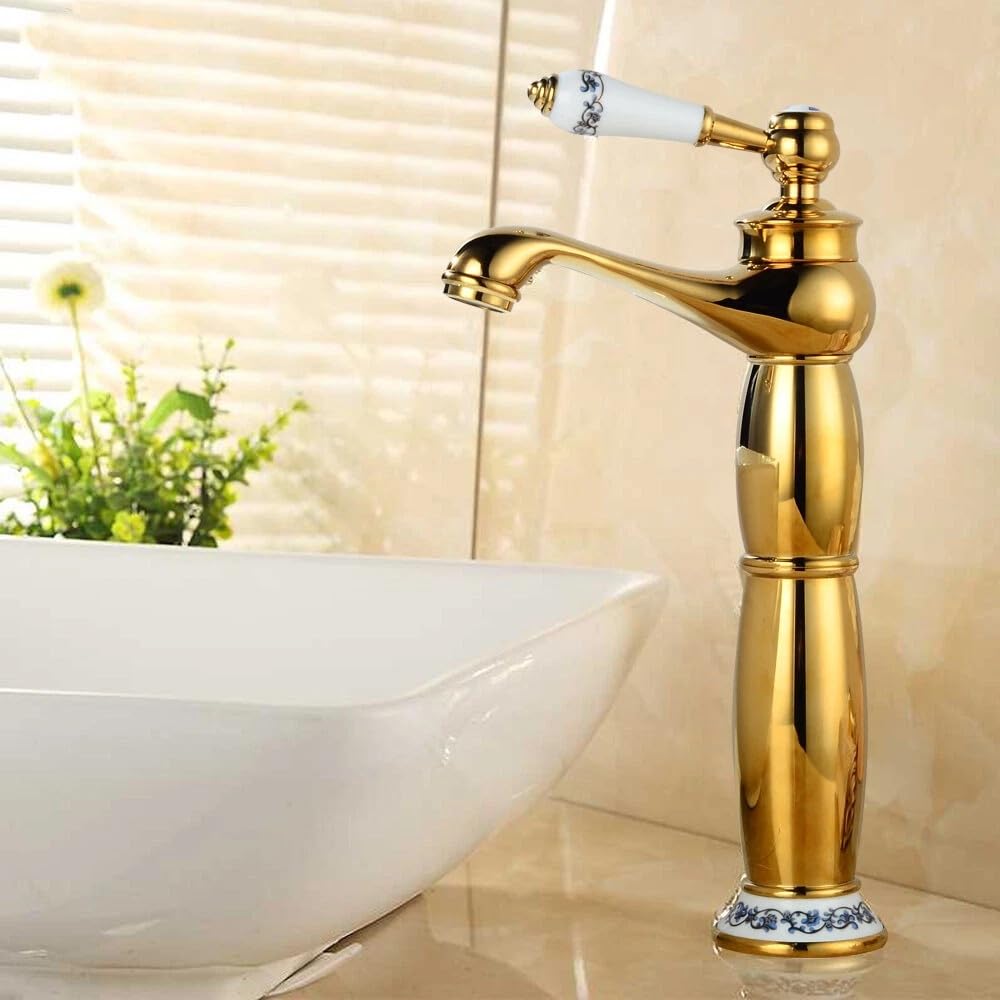 Grifo de latón dorado retro con patrón giratorio, cartucho de cerámica de alta calidad, giratorio, grifo para lavabo con panal, flujo de agua silencioso para baño, hotel, inodoro, hogar (dorado)