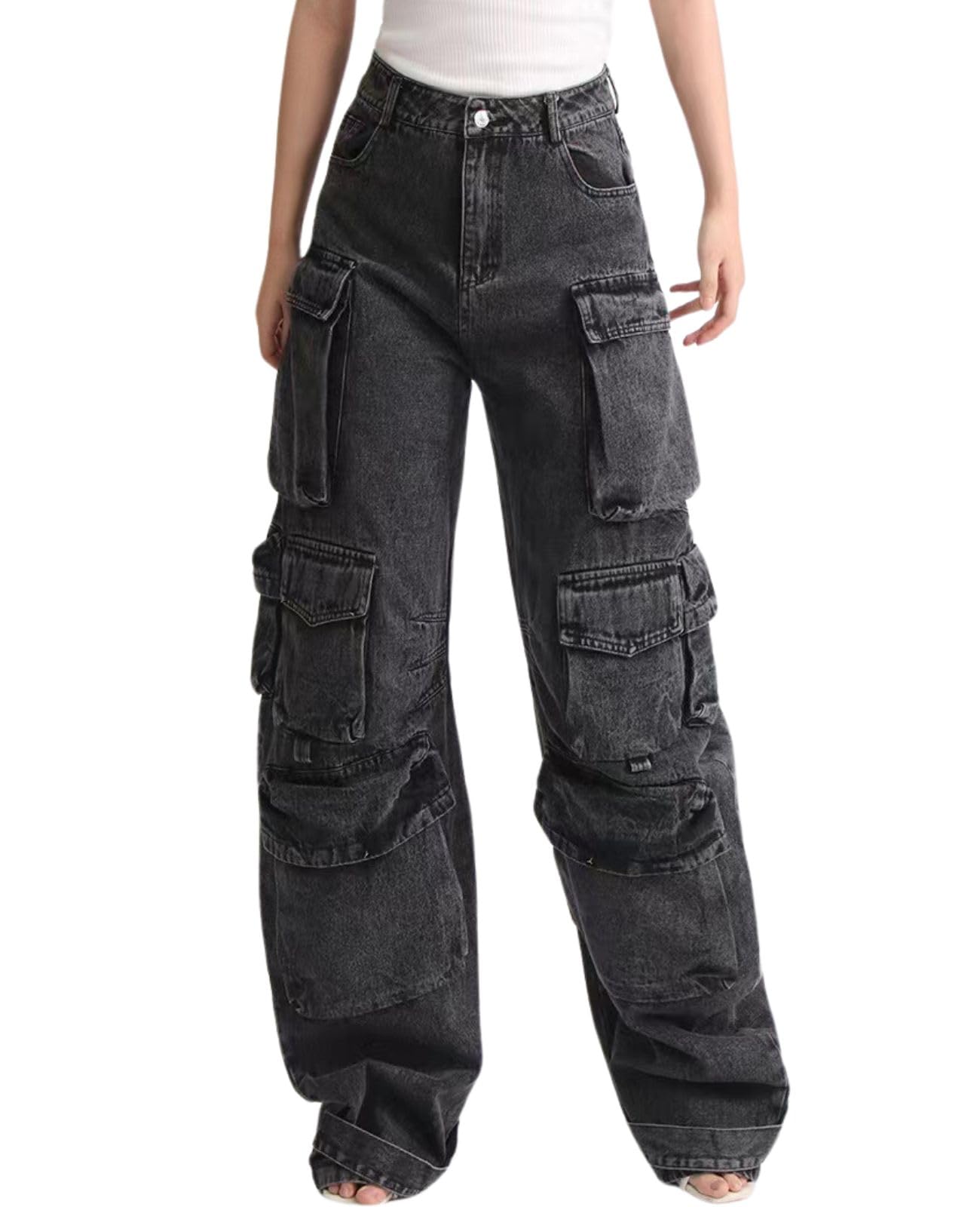 Lafaguw Women's Cargo Pants Low Waist Baggy Jeans Pocket Wide Leg Casual Trendy Streetwear Grunge Emo Clothes, Black4, XL