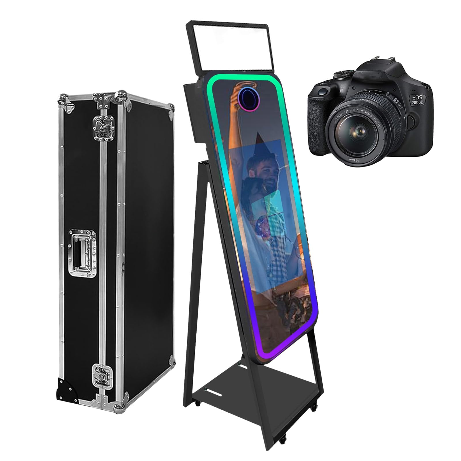 Magic Mirror Photo Booth con custodia portatile touch screen per selfie con luce ad anello, cornice LED RGB per eventi, noleggio, matrimoni, feste (nero + stile B, macchina+fotocamera)