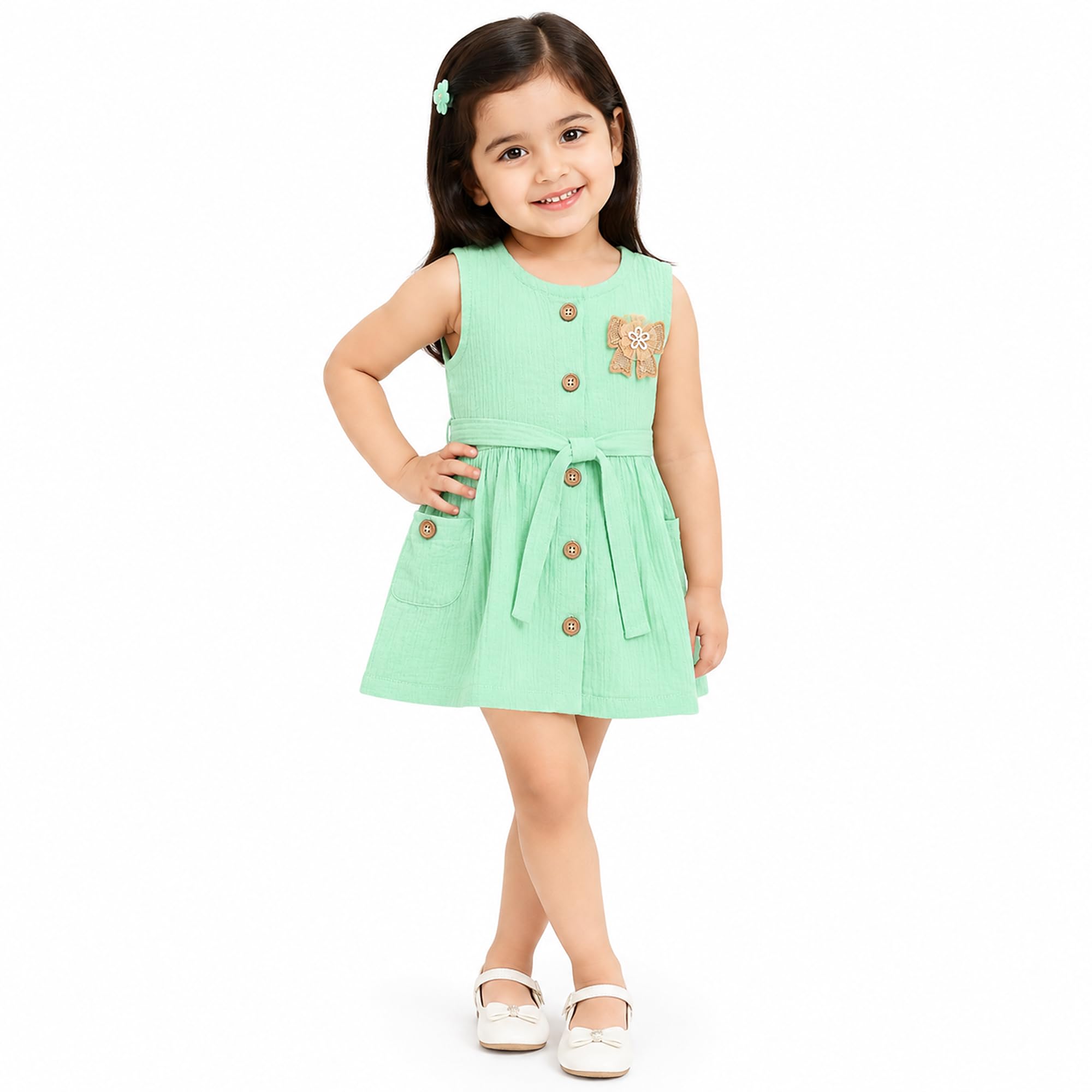 Baby Girl Sleeveless Cotton Dress with Bow Applique | Mint Green Summer Dress for Girls | Soft Breathable Cotton | Casual Comfortable Kids Outfit-picture-42