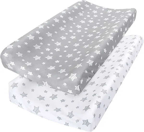 Changing Pad Cover for Boys Girls 2 Pack, Lovely Print Soft Unisex Diaper Change Table Sheets, Fit 32"x16" Contoured Pad, Comfy Cozy 2-Pack Cradle Sheets, Grey & White