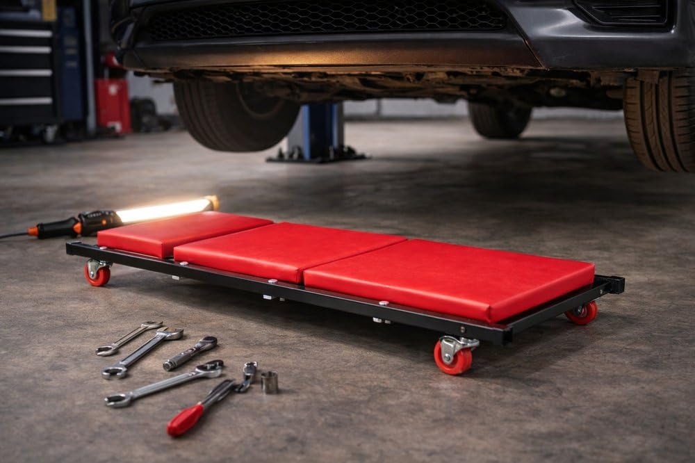 START Lettino Per Meccanico 100Kg Con Poggiatesta Regolabile | Lettino Sottomacchina Officina Con Ruote Girevoli E Struttura Imbottita Compatta 91x42,5x10 cm