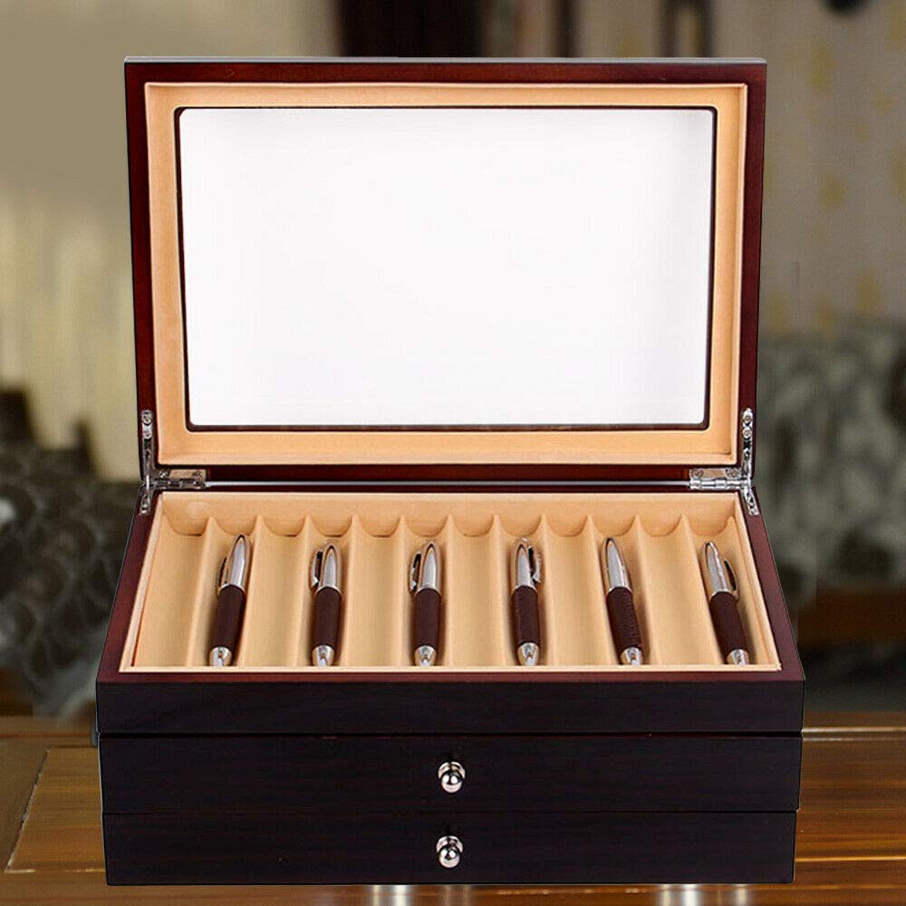 Stiftebox Holz für 34 Füller Stifte, Drei Ebene Vitrine mit Schubladen Schwarz Federhalter Display Box Organizer Box Geschenk für Freund
