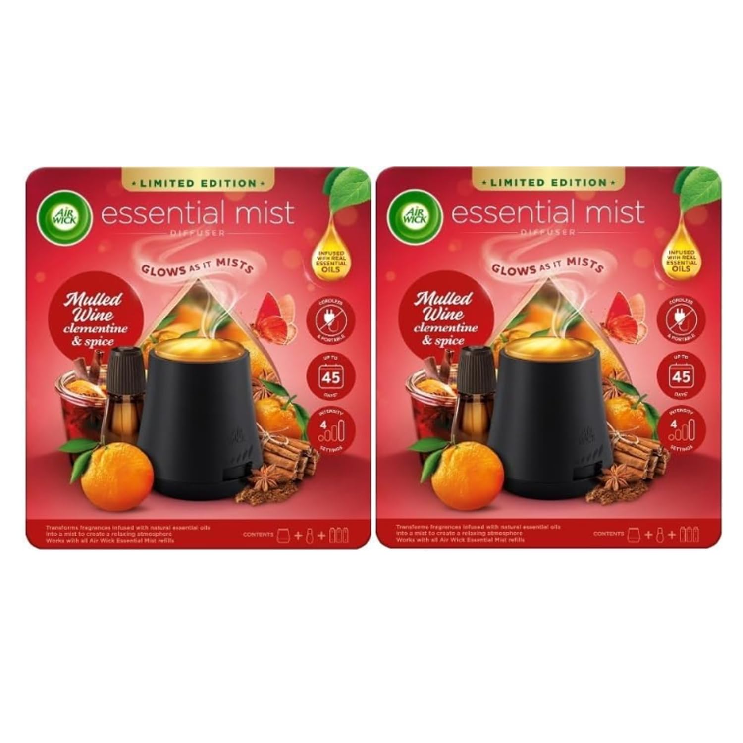 2 x Air Wick Essential Oil Mist Kit, Diffuser & Refill - Mulled Wine