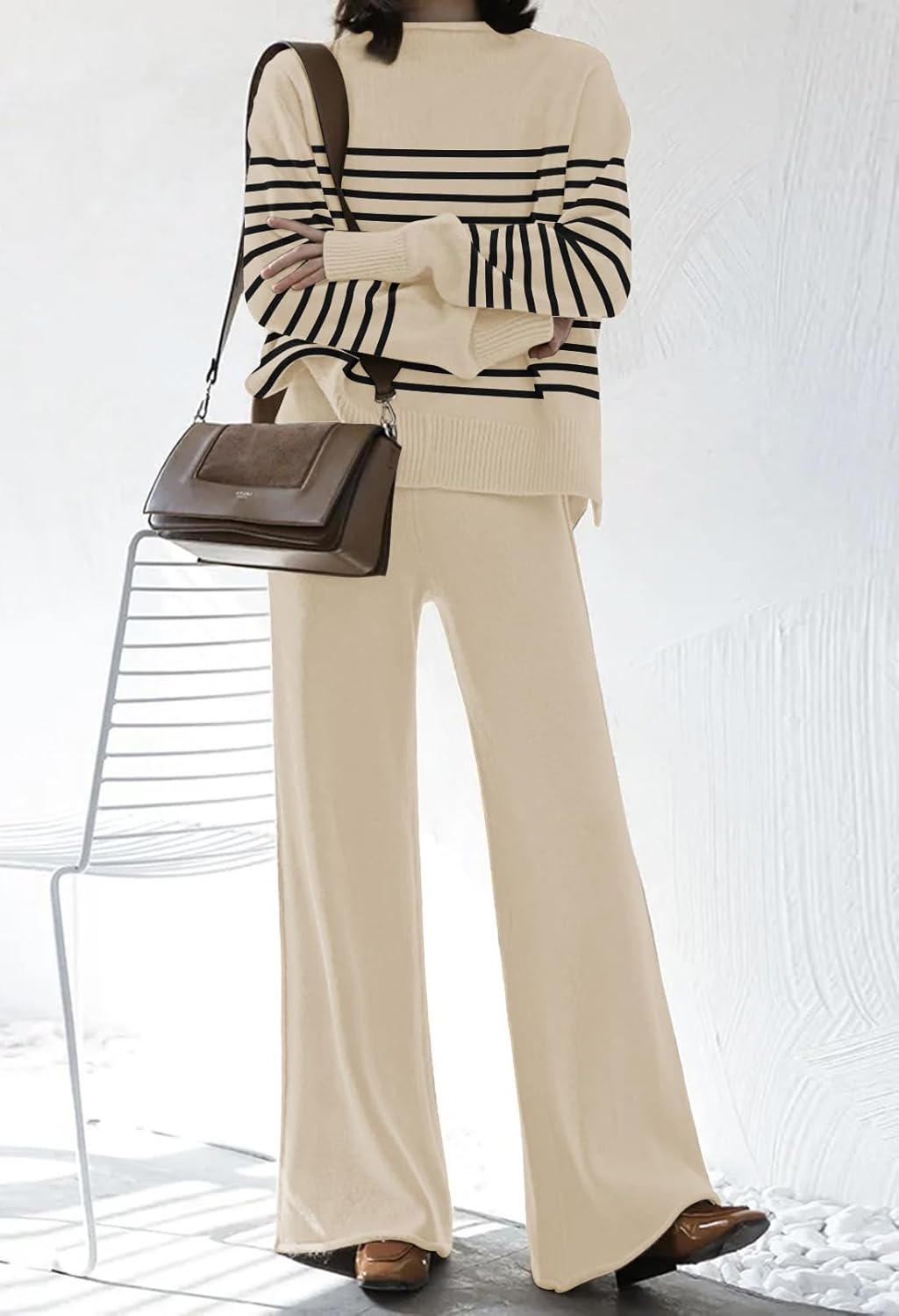 Fixmatti Womens Knitted Outfits 2 Pieces Sweatsuit Off the Shoulder Sweater Wide Leg Pant Set - Image 3