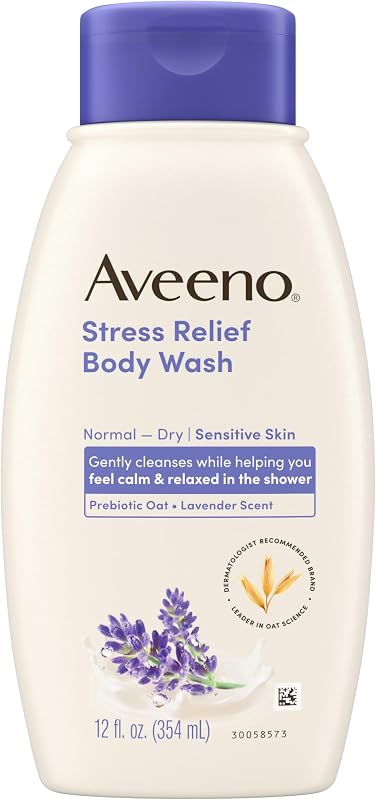 Aveeno Stress Relief Body Wash, Lavender Scent, 12 fl. oz | Prebiotic Oat, Sensitive Skin, Gently Cleanses, Helps You Feel Calm & Relaxed, Soap-Free, Paraben-Free