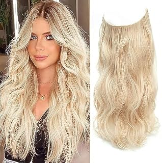 Invisible Wire Hair Extension Brown with Golden Highlights, Friendly Synthetic 20 inch Wavy Pieces for Women
