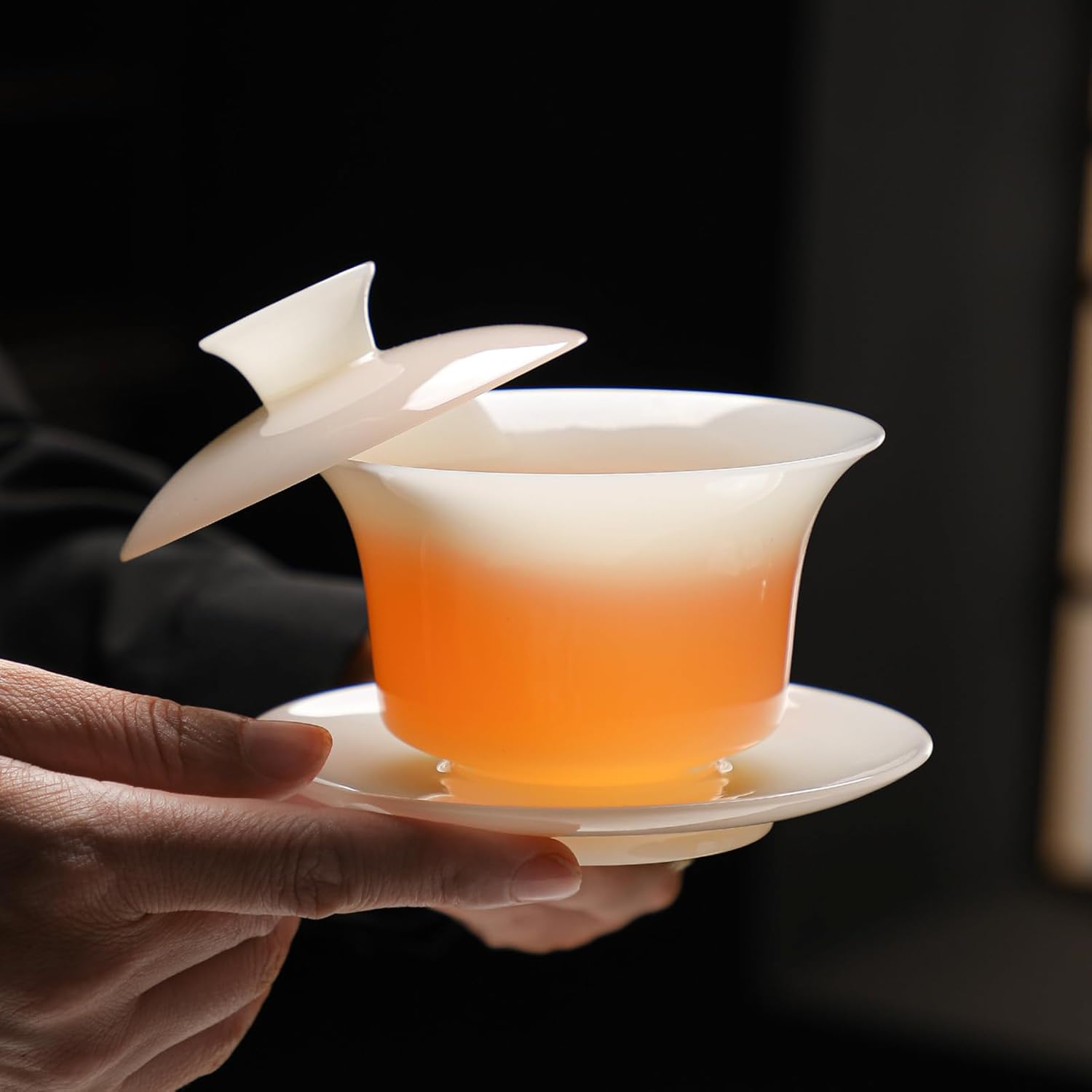 Jade Gaiwan Ice-type Ceramic Teacups, 200ml 6.8oz, Thin Tea Brewing Bowl Kungfu Tea Set Large Capacity