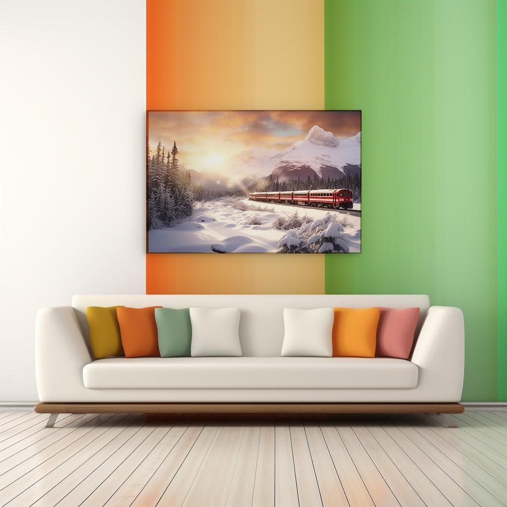 Canvas for Living room. Winter's Warm Embrace in a Breathtaking Sunset Train Journey, 27 x 18 inch Canvas Wall Art - Contemporary Masterpieces - Modern Home Decor - 69x46 cm (27x18 inch)
