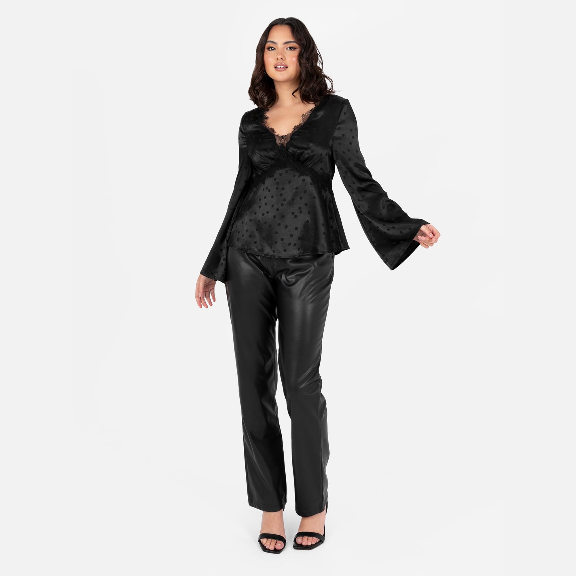 Lovedrobe Women's Satin Top Ladies Blouse Long Bell Sleeve V-Neck Peplum Polka Dot Print Lace Trim Smart Casual Office Wear Party Femme